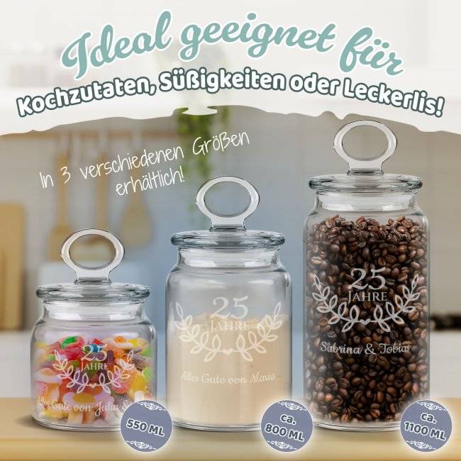 Tassendruck Vorratsdose aus Glas zur Silberhochzeit - 25 Jahre - mit Text gravieren - Verschiedene Größen Riesige Ersparnisse