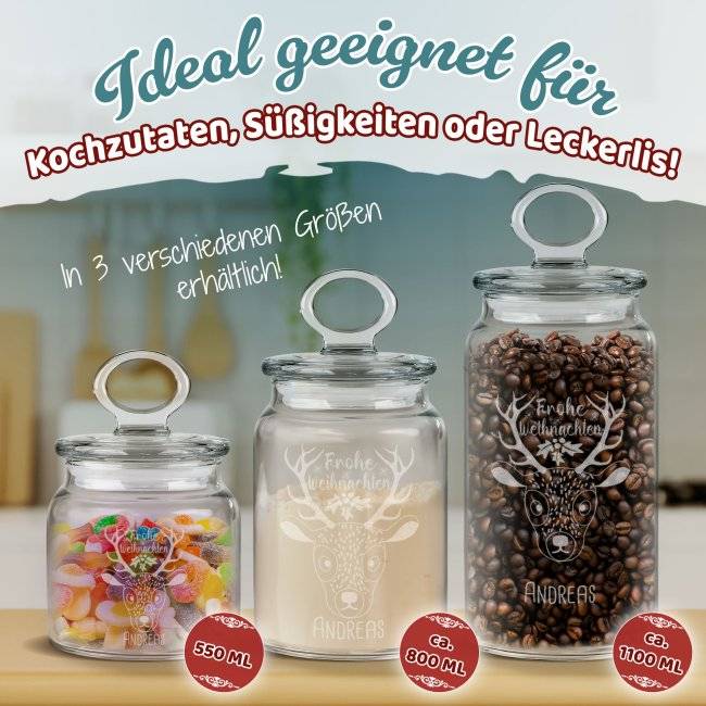 Tassendruck Vorratsdose aus Glas mit Gravur - Frohe Weihnachten - mit Name - Verschiedene Größen VIP-Rabatte