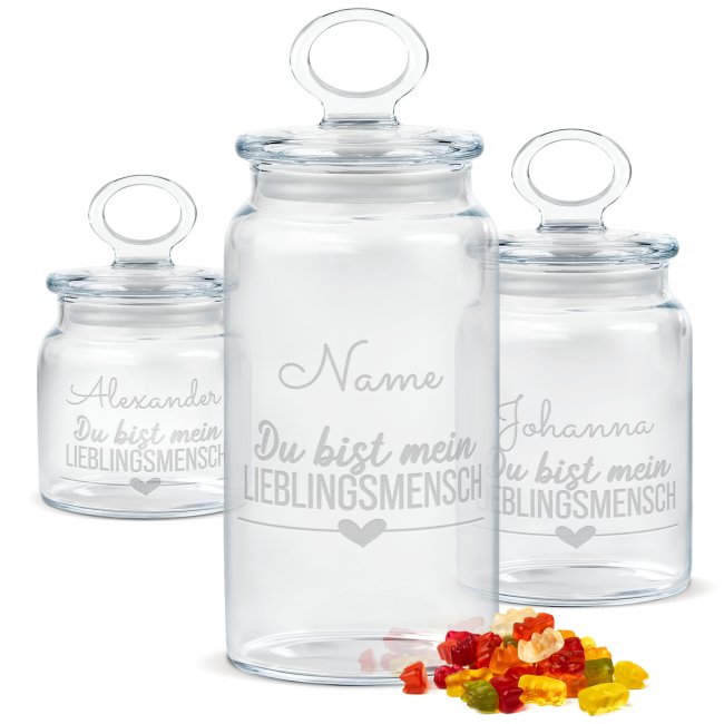 Tassendruck Vorratsdose aus Glas mit Gravur - Lieblingsmensch - mit Name - Verschiedene Größen Super Sparpreis