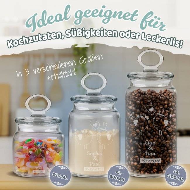 Tassendruck Vorratsdose aus Glas mit Gravur - mit Namen und Datum personalisieren - Verschiedene Größen Wochenangebot