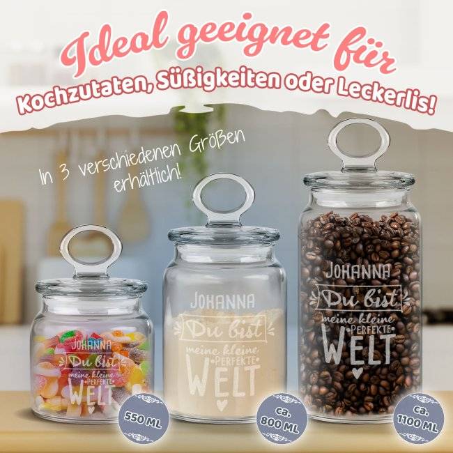Tassendruck Vorratsdose aus Glas mit Gravur - Du bist meine Welt - mit Name - Verschiedene Größen JETZT KAUFEN