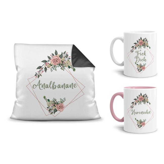 Tassendruck Freche Tassen und Kissen mit Blumenmotiv und Beleidigungsspruch