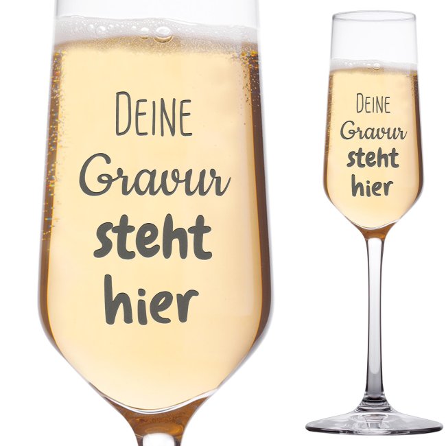 Tassendruck Sektglas mit Gravur mit Wunschtext gestalten