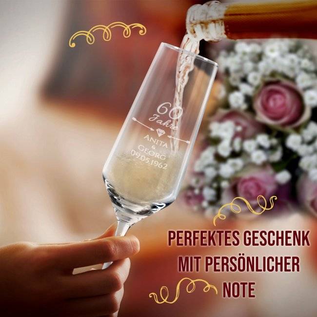 Tassendruck Sektglas mit Gravur - Diamantene Hochzeit - 60. Hochzeitstag - mit Namen Günstiger Verkauf