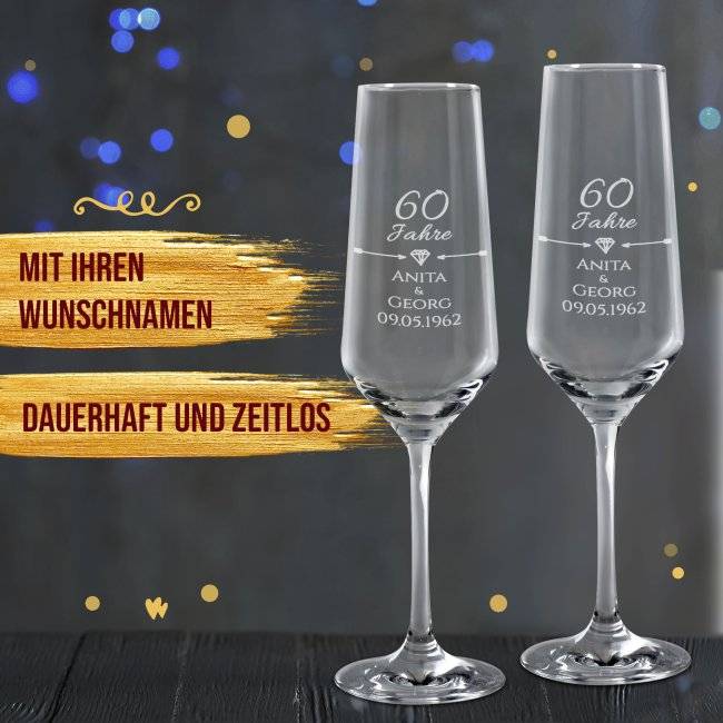 Tassendruck Sektglas mit Gravur - Diamantene Hochzeit - 60. Hochzeitstag - mit Namen Günstiger Verkauf