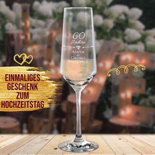 Tassendruck Sektglas mit Gravur - Diamantene Hochzeit - 60. Hochzeitstag - mit Namen Günstiger Verkauf