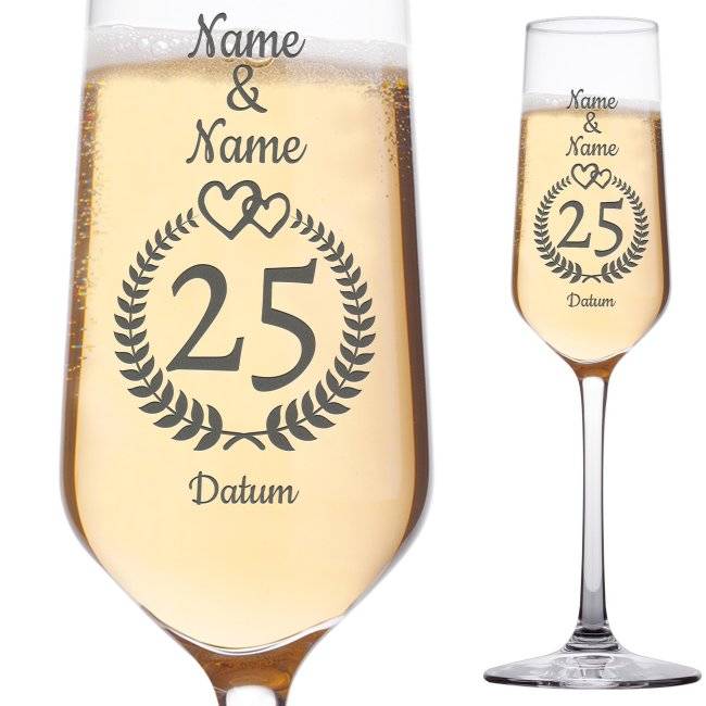 Tassendruck Sektglas mit Gravur zur Silberhochzeit - mit Namen und Datum