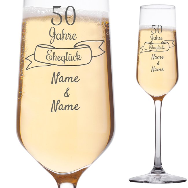 Tassendruck Graviertes Sektglas - Goldene Hochzeit - 50 Jahre Eheglück - mit Namen