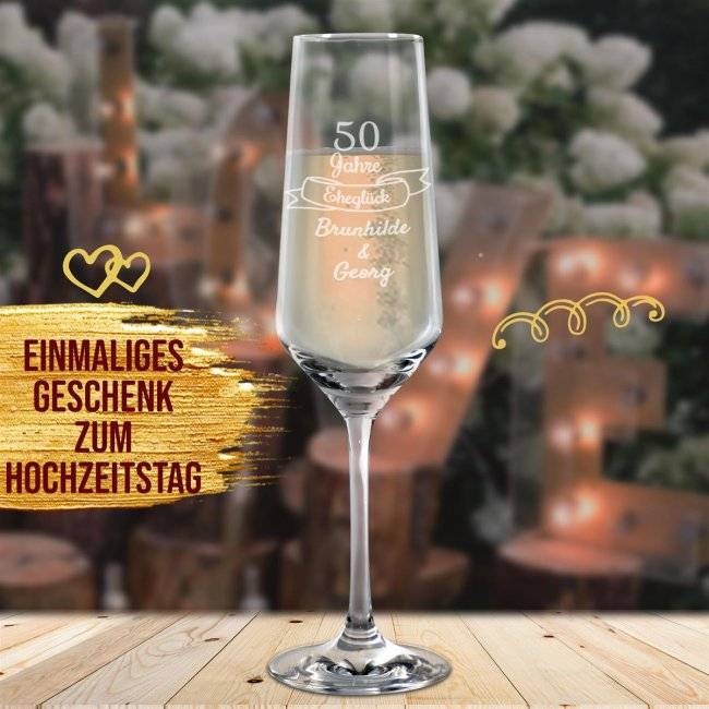 Tassendruck Graviertes Sektglas - Goldene Hochzeit - 50 Jahre Eheglück - mit Namen Blitzverkäufe