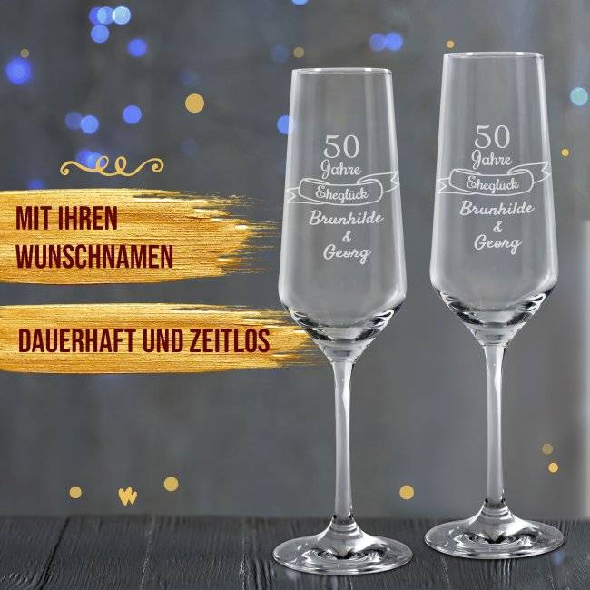 Tassendruck Graviertes Sektglas - Goldene Hochzeit - 50 Jahre Eheglück - mit Namen Blitzverkäufe