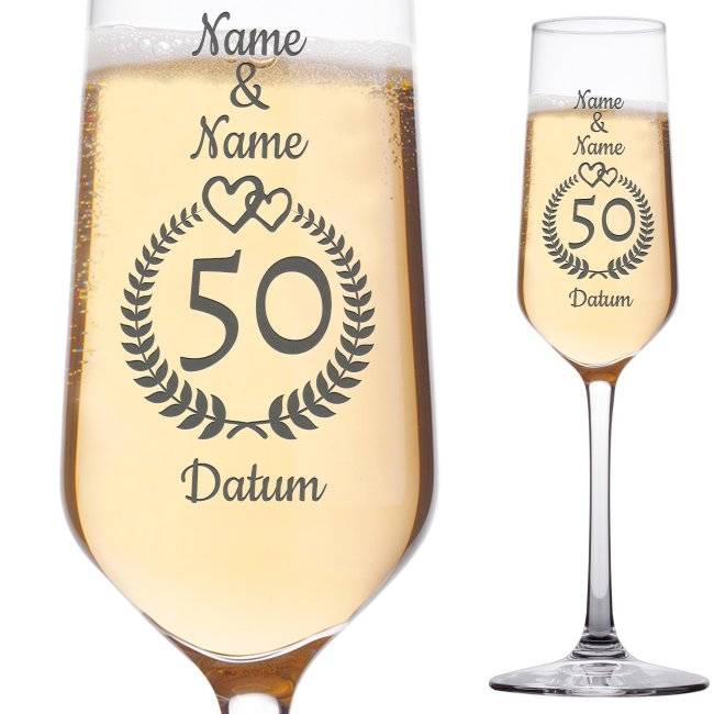Tassendruck Sektglas mit Gravur - Goldene Hochzeit - mit Namen und Datum