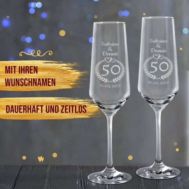 Tassendruck Sektglas mit Gravur - Goldene Hochzeit - mit Namen und Datum Fabrikpreis