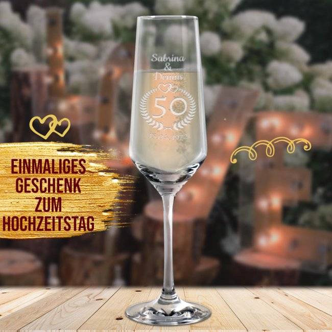 Tassendruck Sektglas mit Gravur - Goldene Hochzeit - mit Namen und Datum Fabrikpreis
