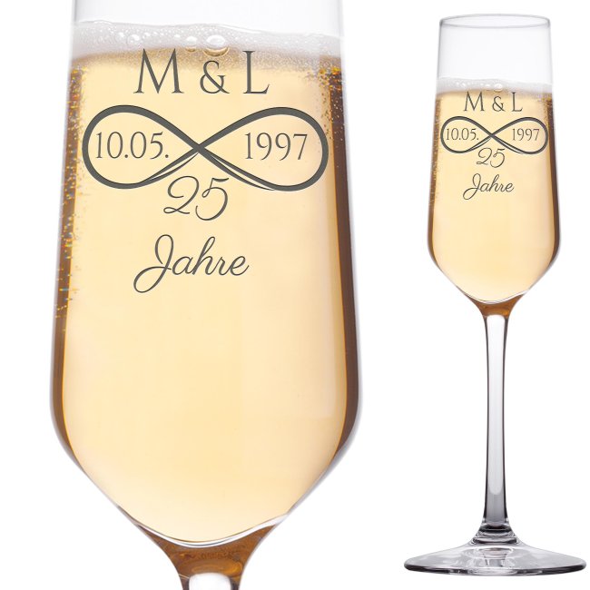 Tassendruck Sektglas mit Gravur - Silberhochzeit - mit Initialen