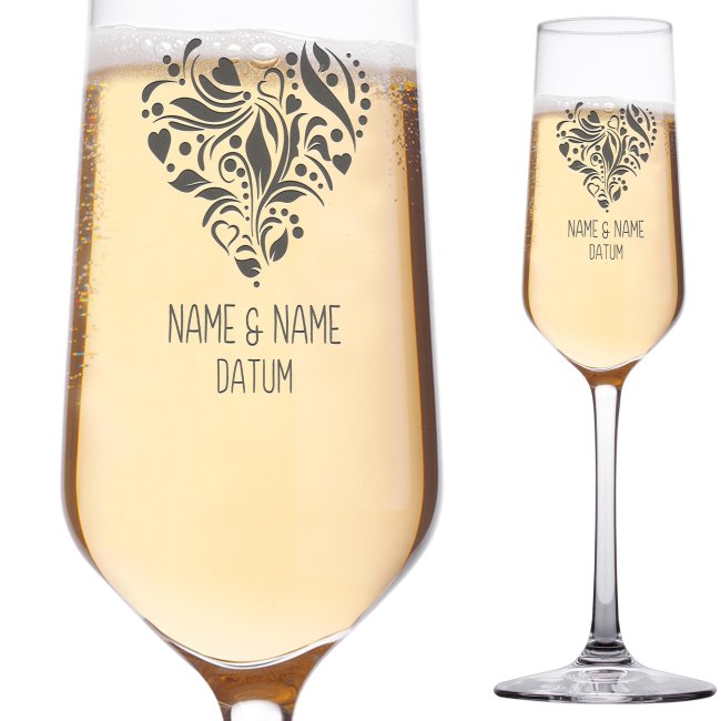 Tassendruck Sektglas - Herz Ornament - mit Namen und Datum