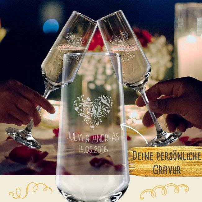 Tassendruck Sektglas - Herz Ornament - mit Namen und Datum Großer Ausverkauf