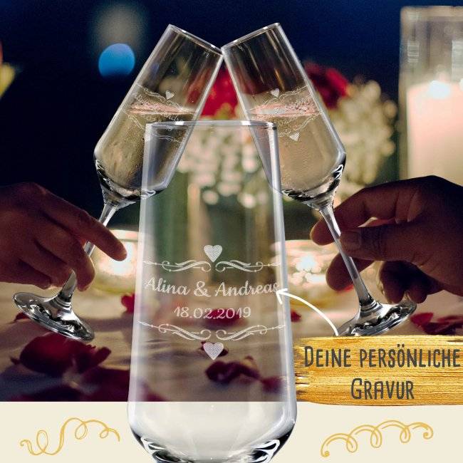 Tassendruck Sektglas mit Gravur - Herz - mit Namen und Datum Online Shopping