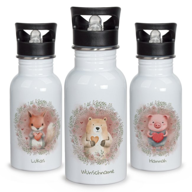 Tassendruck Edelstahl Trinkflasche als Geschenk für Kinder - mit 6 süßen Tiermotive zur Auswahl - mit Name personalisierbar - 500 ml