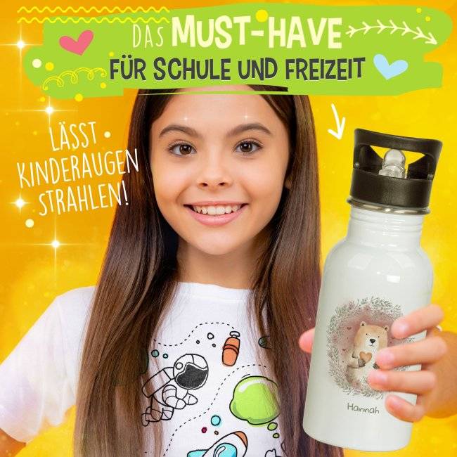 Tassendruck Edelstahl Trinkflasche als Geschenk für Kinder - mit 6 süßen Tiermotive zur Auswahl - mit Name personalisierbar - 500 ml Riesige Ersparnisse