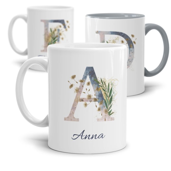 Tassendruck Personalisierbare Namenstasse mit Blumenbuchstabe