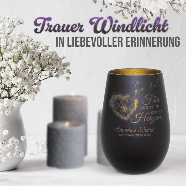 Tassendruck Trauerlicht - Für immer in unseren Herzen - mit Name & Datum - inkl. Teelicht Kostenlose Rückgabe