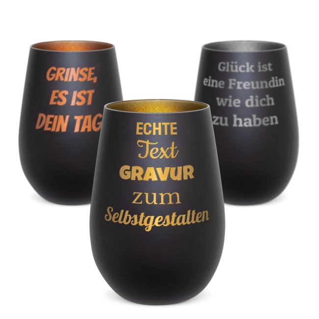 Tassendruck Schwarzes Windlicht mit Gravur - mit 5 Zeilen Text selbst gestalten - inkl. Teelicht - verschiedene Farben