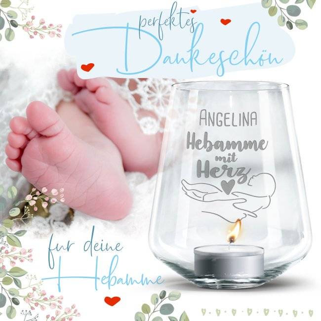Tassendruck Personalisierbares Windlicht - Hebamme mit Herz - mit Name JETZT KAUFEN
