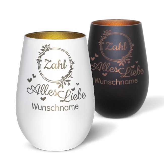 Tassendruck Windlicht mit Gravur zum Geburtstag - Alles Liebe - mit Name und Zahl - inkl. Teelicht