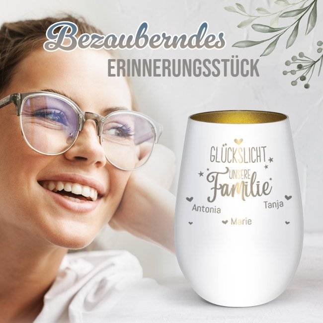 Tassendruck Windlicht mit Gravur - Unsere Familie - mit bis zu 5 Namen - inkl. Teelicht Letzter Tag