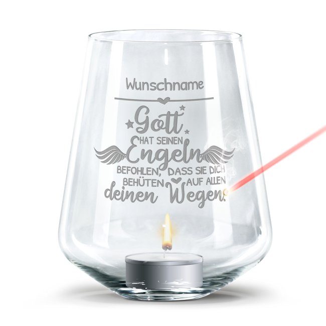 Tassendruck Graviertes Windlicht zur Taufe - Gott hat seinen Engeln - mit Name personalisierbar
