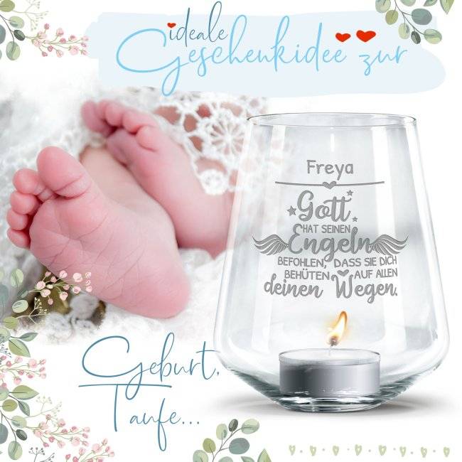 Tassendruck Graviertes Windlicht zur Taufe - Gott hat seinen Engeln - mit Name personalisierbar Zeitbegrenzte Promotion