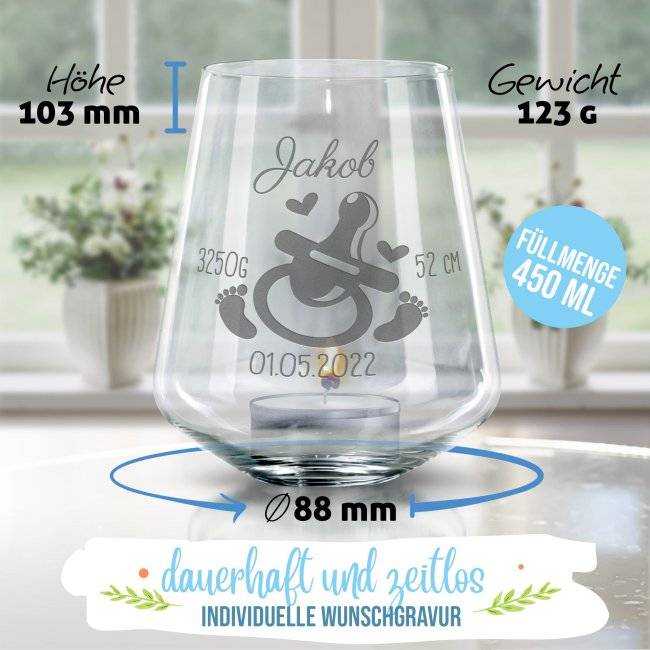 Tassendruck Windlicht mit Gravur zur Geburt - Schnuller mit Geburtsdaten Sonderangebot der Fabrik