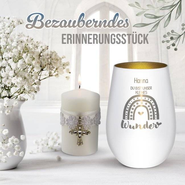 Tassendruck Weißes Windlicht mit Gravur - Du bist unser Wunder - mit Name - inkl. Teelicht Vierteljährliche Förderung