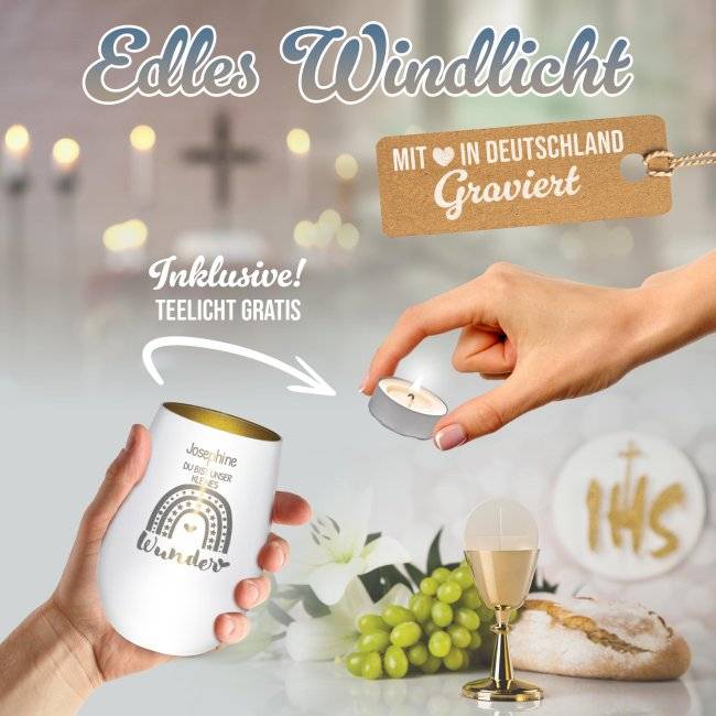 Tassendruck Weißes Windlicht mit Gravur - Du bist unser Wunder - mit Name - inkl. Teelicht Vierteljährliche Förderung