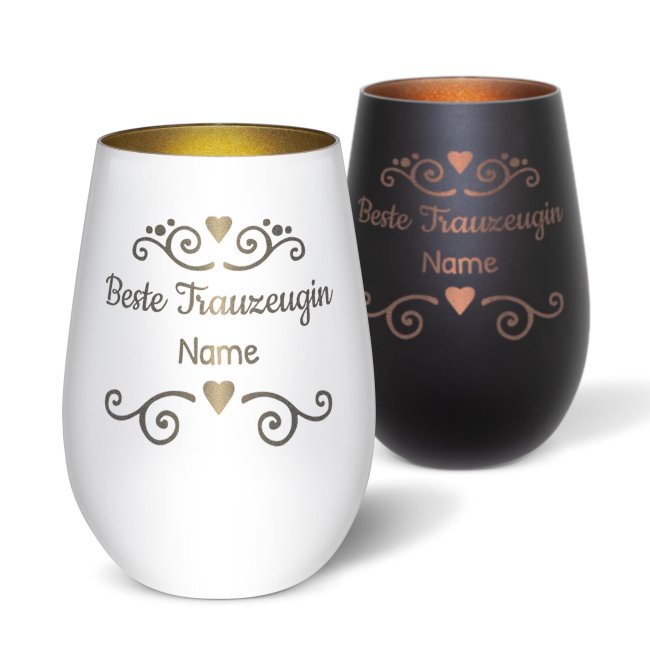 Tassendruck Windlicht mit Gravur - Beste Trauzeugin - mit Name - inkl. Teelicht