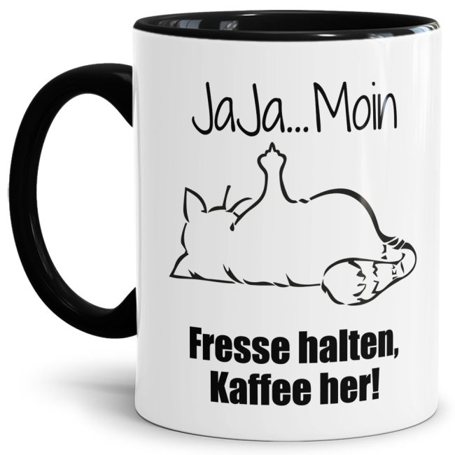 Tassendruck mit lustigem Spruch - Nö-Katze Ja Ja Moin - Schwarz