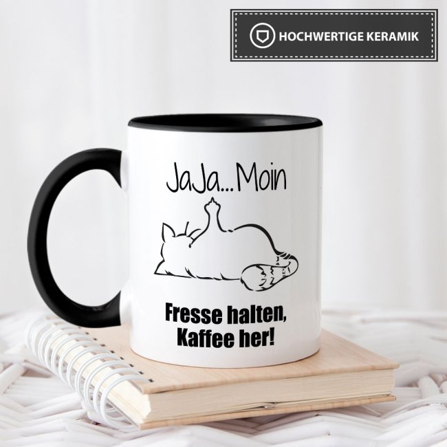 Tassendruck mit lustigem Spruch - Nö-Katze Ja Ja Moin - Schwarz Black Friday Preise