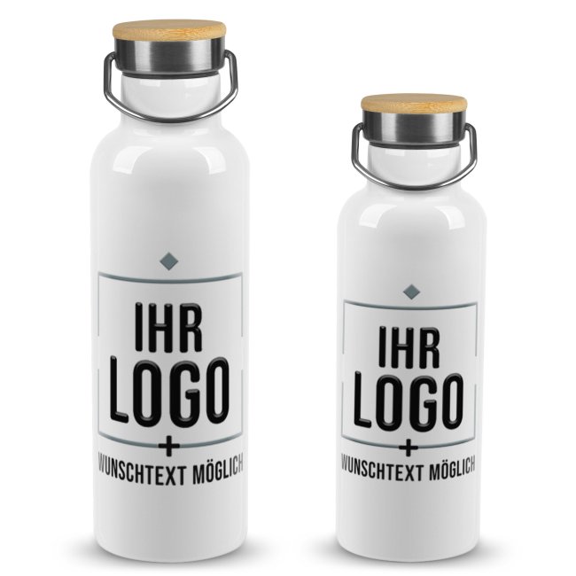 Tassendruck Edelstahl Trinkflasche mit Logo bedrucken - Weiß mit Bambusdeckel - 500 ml und 750 ml