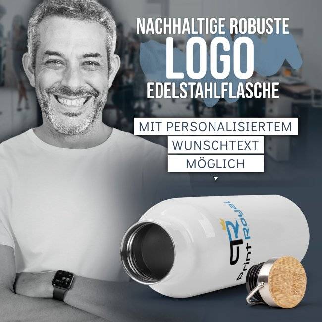 Tassendruck Edelstahl Trinkflasche mit Logo bedrucken - Weiß mit Bambusdeckel - 500 ml und 750 ml Rabatte dieses Monats