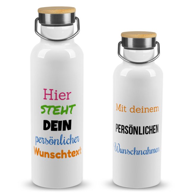 Tassendruck Edelstahl-Trinkflasche mit Wunschtext - Weiß mit Bambusdeckel - 500 ml und 750 ml