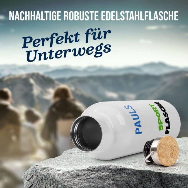 Tassendruck Edelstahl-Trinkflasche mit Wunschtext - Weiß mit Bambusdeckel - 500 ml und 750 ml 2025