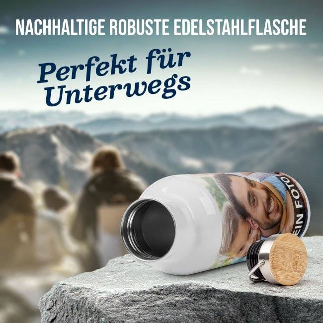 Tassendruck Edelstahl-Trinkflasche selbst gestalten - Weiß mit Bambusdeckel - 500 ml und 750 ml Online
