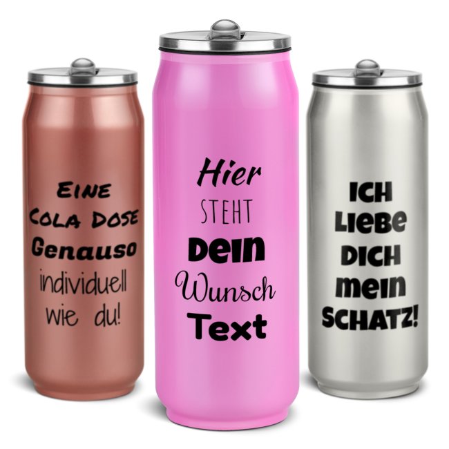 Tassendruck Edelstahl Cola-Dose mit Trinkhalm und Wunschtext - 4 Farben - 420 ml