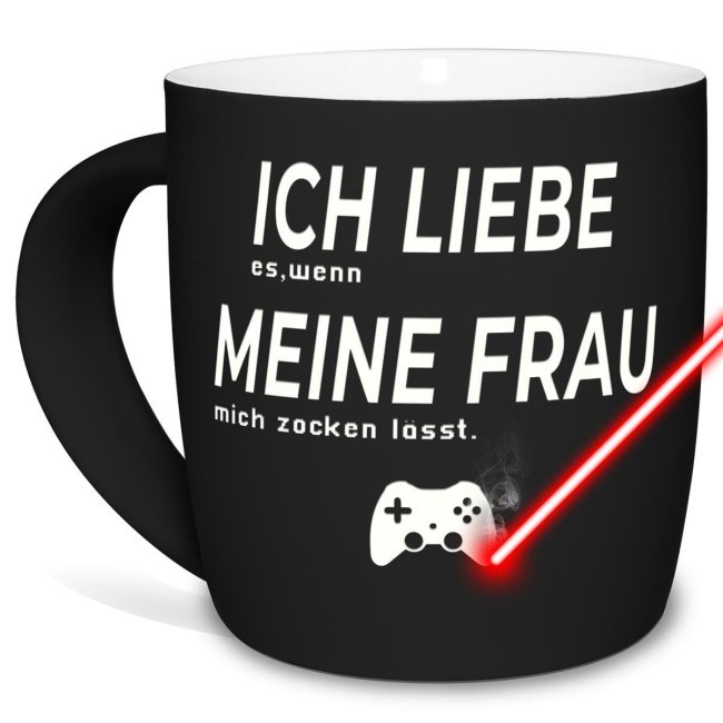 Tassendruck mit Lasergravur - Ich liebe meine Frau, zocken - Schwarz Auslauf