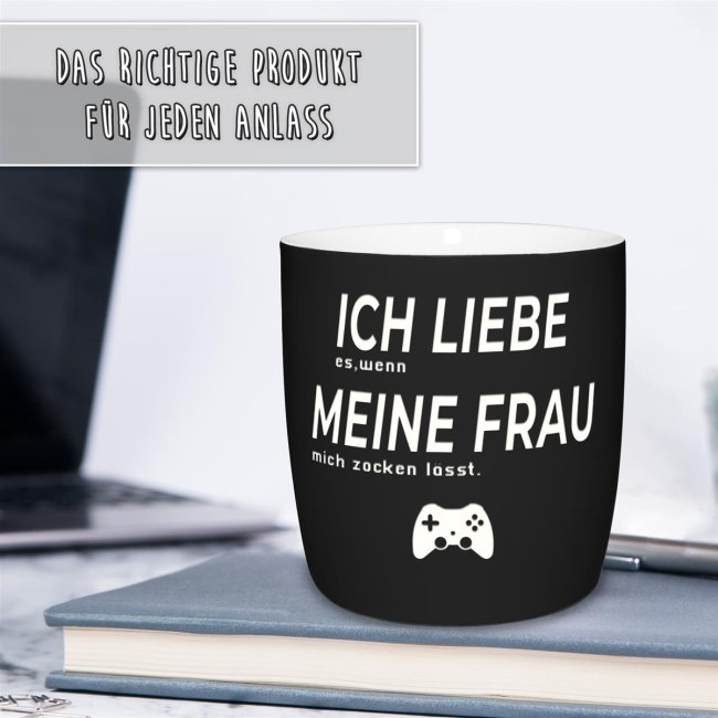 Tassendruck mit Lasergravur - Ich liebe meine Frau, zocken - Schwarz Auslauf