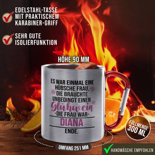 Tassendruck Glühweintasse mit Name - Es war einmal - Edelstahltasse mit Karabiner Fabrikverkauf