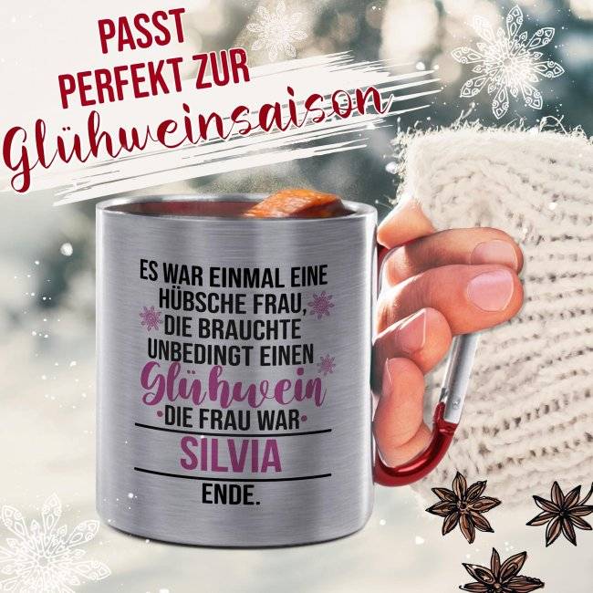 Tassendruck Glühweintasse mit Name - Es war einmal - Edelstahltasse mit Karabiner Fabrikverkauf