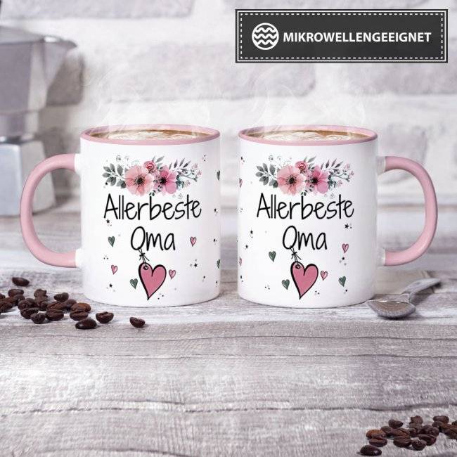 Tassendruck mit schönem Blumenmotiv - Allerbeste Oma - Innen & Henkel Rosa Exklusivangebot