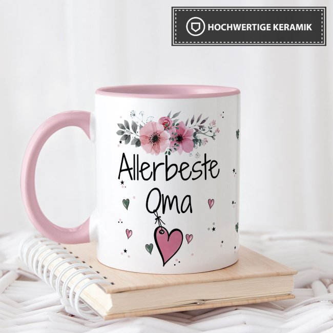 Tassendruck mit schönem Blumenmotiv - Allerbeste Oma - Innen & Henkel Rosa Exklusivangebot