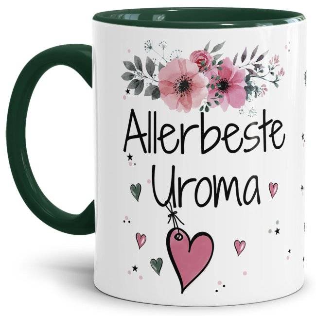 Tassendruck mit schönem Blumenmotiv - Allerbeste Uroma - Innen & Henkel Dunkelgrün